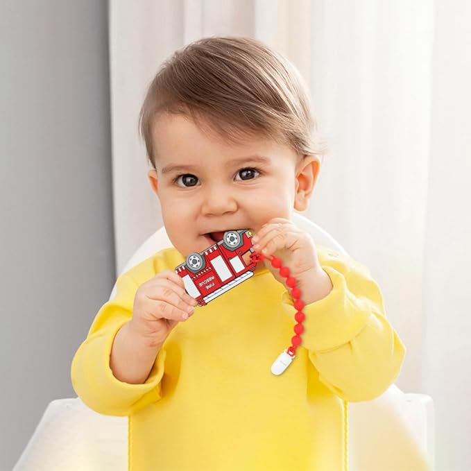 Baby Food Grade Silicone Carrier Vehicle Teether Toy with Pacifier Clip Holder,Teething Toys Gift Set for 3 Months+ Boys and Girls,Freezer Safe,BPA Free. (Fire Truck)