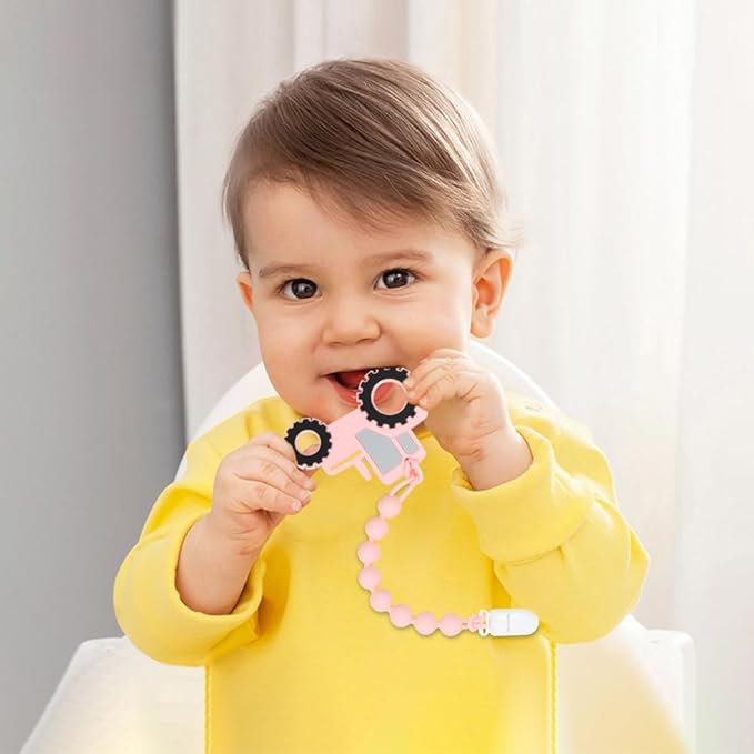 Baby Food Grade Silicone Tractor Truck Teether Toy with One Piece Design Pacifier Clip Holder,Teething Toys Gift Set for 3 Months+ Boys and Girls,Freezer Safe,BPA Free. (Pink)