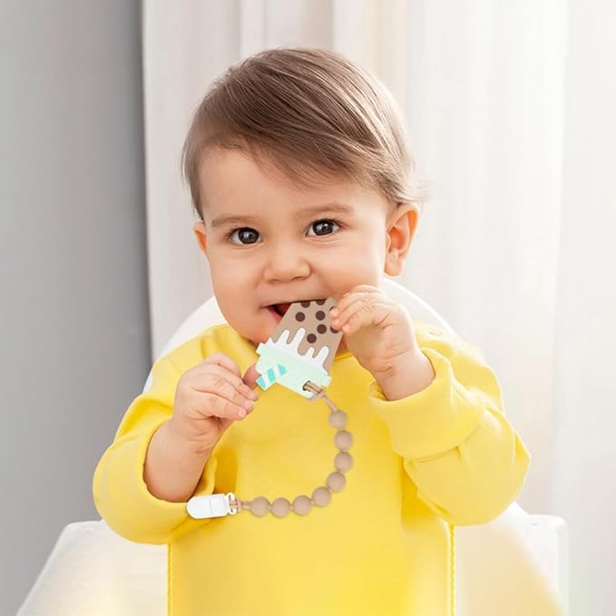 Baby Food Grade Silicone Teether Toy with One Piece Design Pacifier Clip Holder,Teething Toys Gift Set for 3 Months+ Boys and Girls,Freezer Safe,BPA Free. (Bubble Tea)