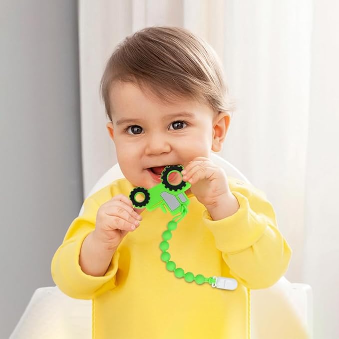 Baby Food Grade Silicone Tractor Truck Teether Toy with One Piece Design Pacifier Clip Holder,Teething Toys Gift Set for 3 Months+ Boys and Girls,Freezer Safe,BPA Free. (Green)