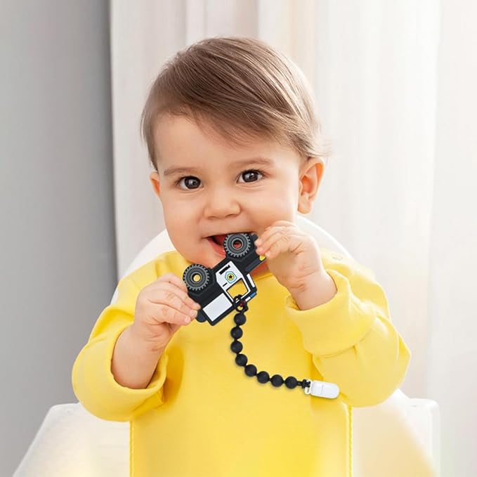 Baby Food Grade Silicone Carrier Vehicle Teether Toy with Pacifier Clip Holder,Teething Toys Gift Set for 3 Months+ Boys and Girls,Freezer Safe,BPA Free. (Police Car)