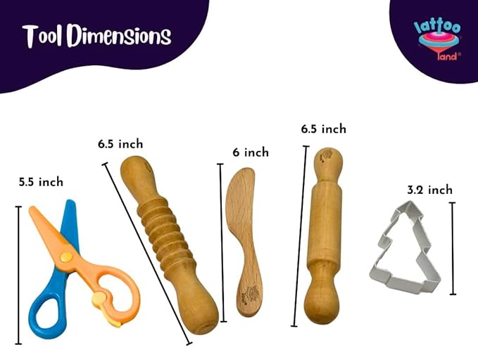 Dough Tools Set of 5 - Sculpting Tools to Roll, Cut, Flatten | Wooden Rollers & Knife | Child-Safe Scissor | Pretend Play Kitchen | Clay Mould for Kids Ages 2-7 | Art & Craft