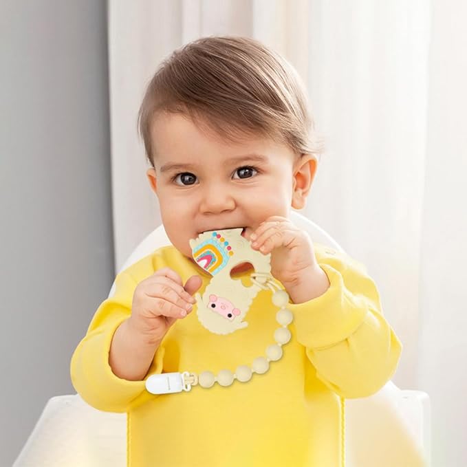 Baby Food Grade Silicone Teether Toy with Pacifier Clip Holder,Teething Toys Gift Set for 3 Months+ Boys and Girls,Freezer Safe,BPA Free. (Yellow Llama)