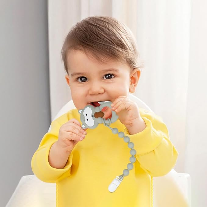 Baby Food Grade Silicone Teether Toy with One Piece Design Pacifier Clip Holder,Teething Toys Gift Set for 3 Months+ Boys and Girls,Freezer Safe,BPA Free. (Gray Raccoon)