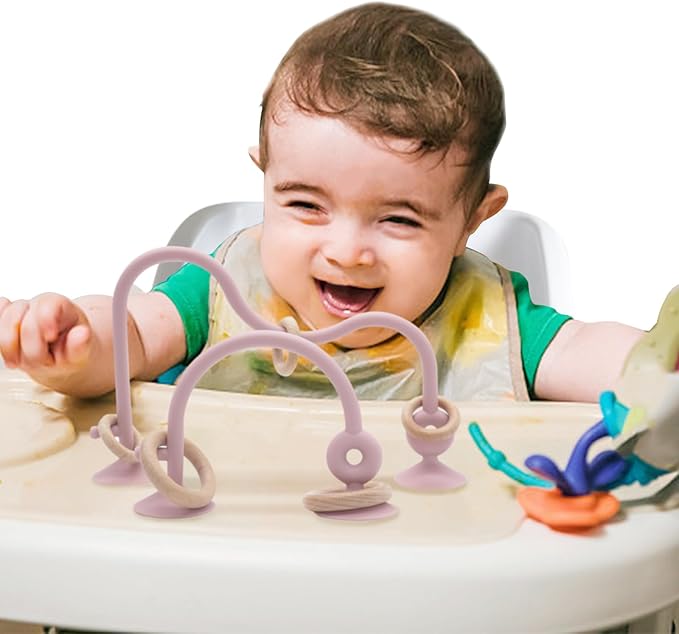 High Chair Toys with Suction Cups for Infant Toddlers,Food Grade Silicone Teething Toy for Kids 6 9 12 18 M+,Interactive Toys for 1 Year Old,Perfect for Travel and Restaurant(Pink)