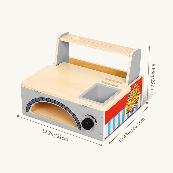OOOK Wooden Pizza Toy Kids Pizza Counter Playset, Toy Pizza Oven, Montessori Pretend Play Toys with Toy Food, Bake Oven, Role Play Set for 3 4 5 6 Year Old Boys Girls