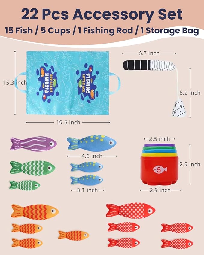 Montessori Toys for 1 Year Old, Cloth Fishing Game for Toddlers 1-3 with Stacking Cups, Baby Boy Girl First Birthday Gift, Color Sorting | Number Counting | Shape Learning