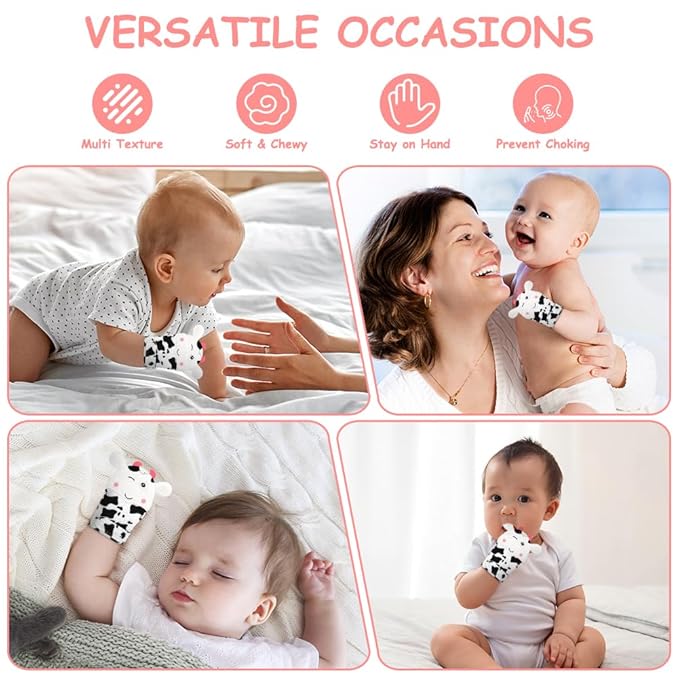 2Pack Silicone Teething Mitt, Cow Baby Teething Toy for 0-6 6-12 Months, Food Grade Silicone Infant Teething Mitten, BPA-Free Baby Chew Toys for Pain Relief, Sucking Needs
