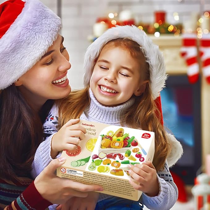 Wooden Play Food Sets for Kids Kitchen Toddlers Wood Toys Cutting Fruit Pretend Food Play Kitchen Accessories Set for Boys and Girls