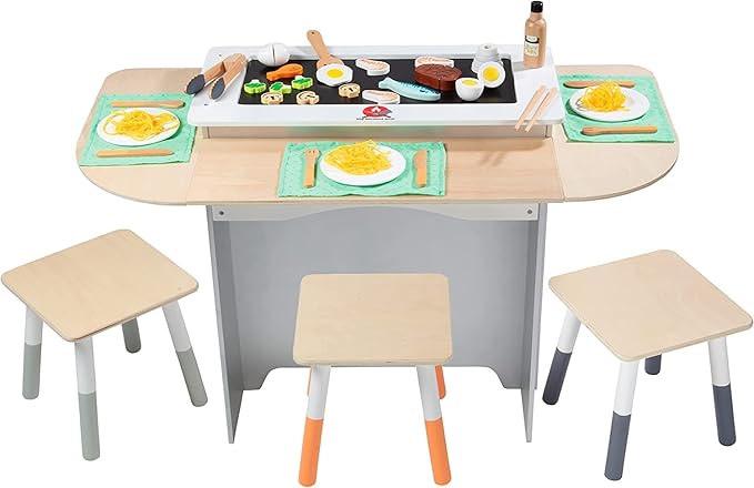 Hibachi Grill Wooden Kids Playset w Stools, Table Settings, 25+ Toy Food Pieces- Noodles Tongs Meats Veggies- Everything Little Chef Needs for Pretend Play, Indoor Japanese Restaurant Stand, Xmas Gift