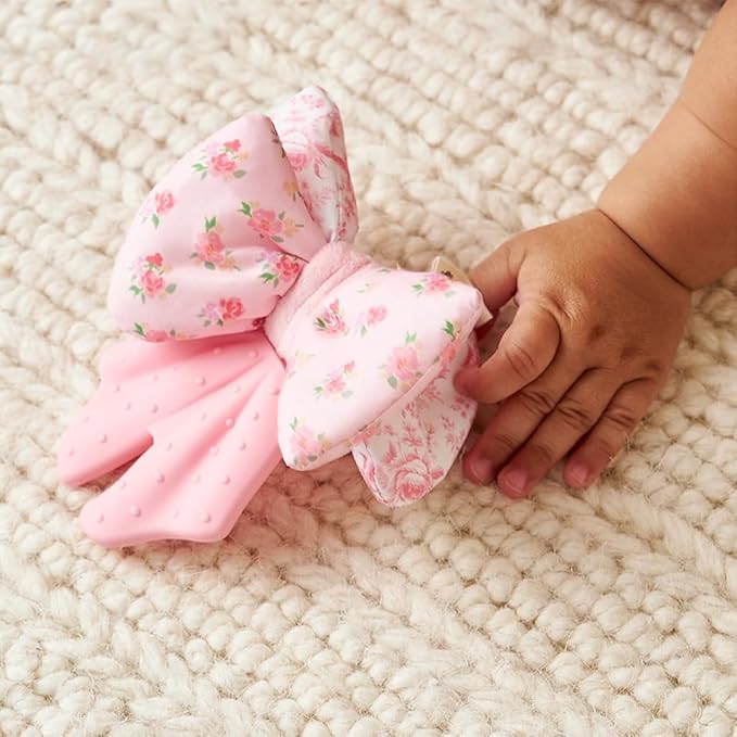 Itzy Ritzy Crinkle Teether Toy – Bow Teething Toy Includes Silicone, Velour & Crinkle Material; Features Multiple Textures for Teething Relief; Designed for Ages 3 Months and Up (Bow)