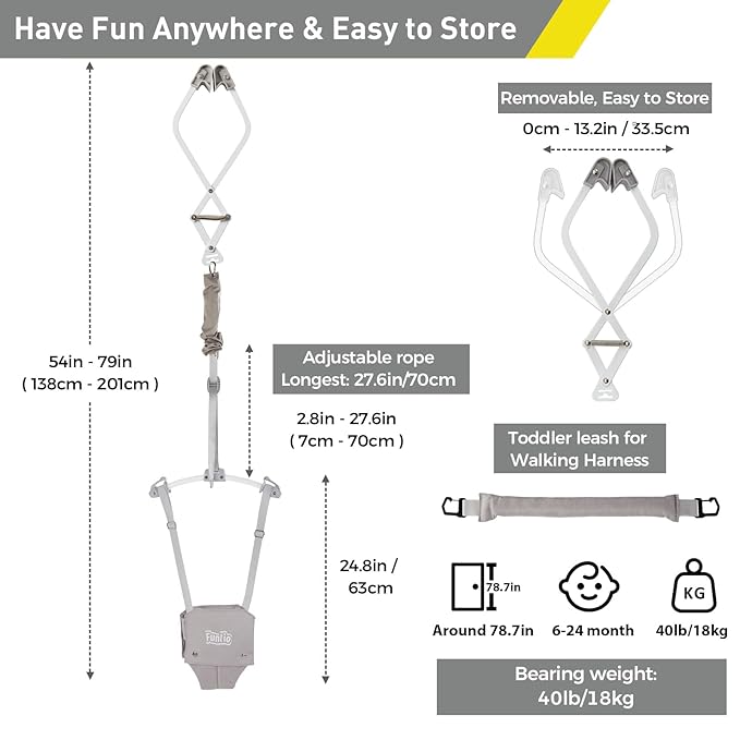 FUNLIO 2 in 1 Baby Door Jumper with Door Clamp, Baby Walking Harness for 6-24 Months, Infant Jumper Doorway with Strong Spring & Adjustable Strap, Easy to Assemble & Store - Grey