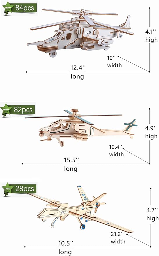 3D Wooden Puzzle - 6 Piece Set Aircraft & Helicopter Wooden Crafts Assembly Building Model Kits - Wood Aircraft & Helicopter STEM DIY Brain Teaser Puzzle for Adults & Teens Christmas Birthday Gifts