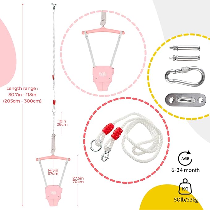 FUNLIO Baby Jumper with a Ceiling Hook for 6-24 Months, Baby Door Jumper for Indoor/Outdoor Play, Infant Jumper Doorway with Adjustable Chain, Easy to Assemble & Store (with a Ceiling Hook) - Pink