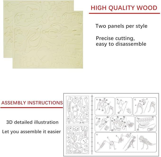 3D Wooden Crafts Puzzle - 3 Piece Set Wood Dinosaur Skeleton Model Puzzle,Wooden Assembly 3D Puzzle Toys,STEM DIY Brain Teaser Puzzle