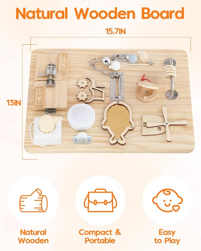Montessori Busy Board for 1 2 3 4 Year Old, Wooden Sensory Toys, Montessori Sensory Toys for Fine Motor Skills, Sorting & Stacking Toys, Fidget Activity Board for ADHD & Autistic, Ideal Gift Choice