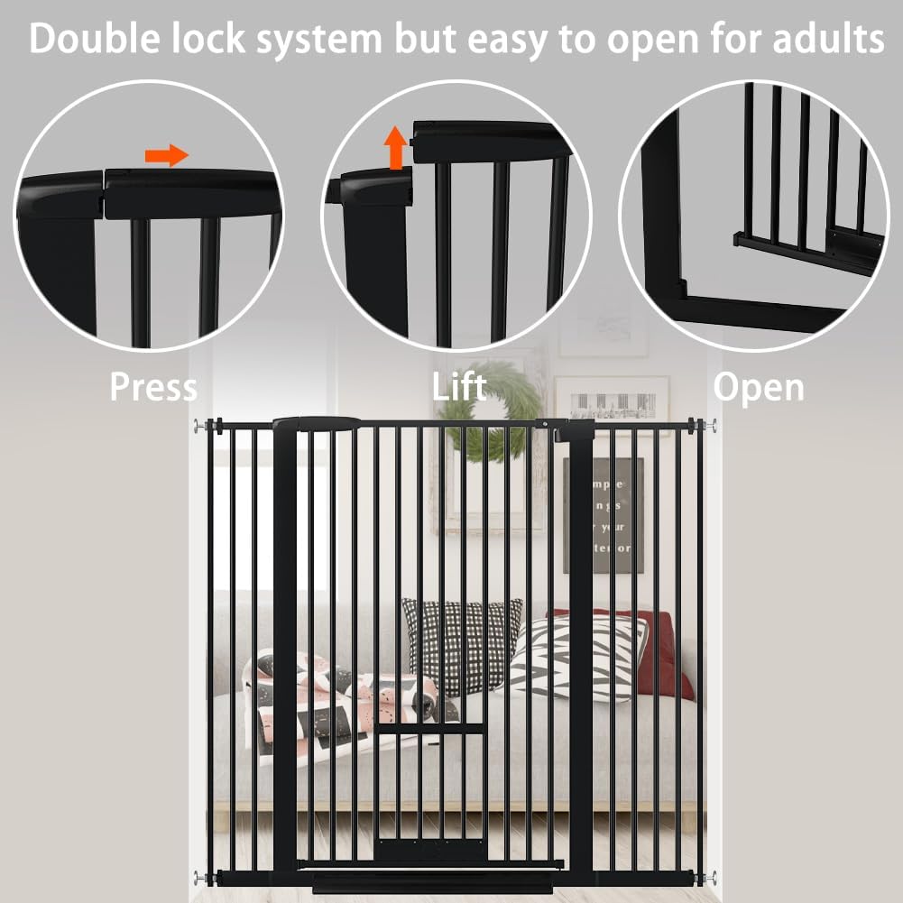 40.55" Tall 1.37" Ultra Narrow Spacing Dogs Pets Baby Gate with Door for Doorway Cat Safety Proof Indoor 57.68-73.43" Extra Wide Puppy Pressure Mounted Black Metal Hallway