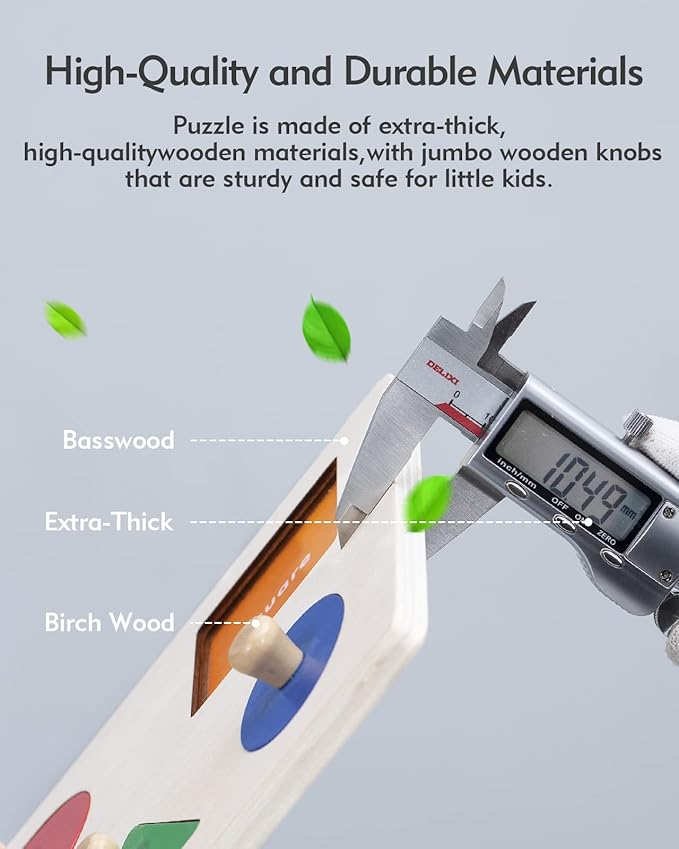 Montessori Puzzles for Babies 12-18-24 Months, Wooden Jumbo Knob Peg Puzzle Shape sorter for Toddlers 1-3 Year Old, Early Learning Sensorial Toys (Shapes & Size Sorting Puzzle)