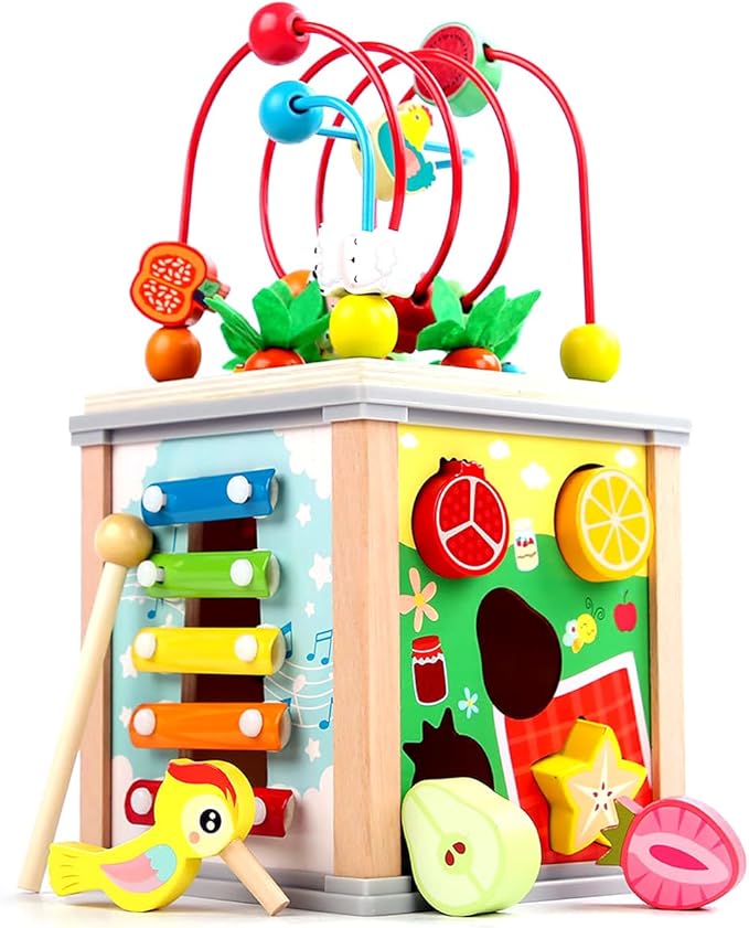 Toddlers Montessori Wooden Educational Toys, Wooden Baby Activity Cube,10 in 1 Carrot Pulling Baby Toy Gifts for 1+ Year Old Girls & Boys, Animal Shape Sorting Cube Toys for Kids