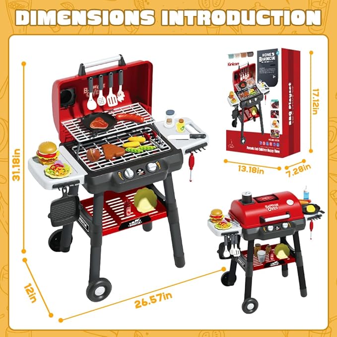 Kids Grill Playset, BBQ Toy Grill with Smoke Sound Light and Wheel, Movable Pretend Play Kitchen Toys Grills for Toddlers 3-5, 2-Layer Barbecue Play Food Christmas Birthday Gifts for Grandkids