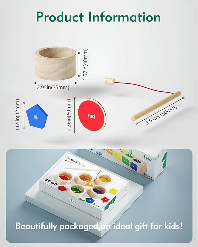 Boby Montessori Toy 2-in-1 Wooden Sorting Cup&Magnetic Fishing Game-Educational Puzzle Toy for Toddlers 1-4 Year Old,Colors Shapes Sorting&Matching Games for Toddlers Developmental Toys