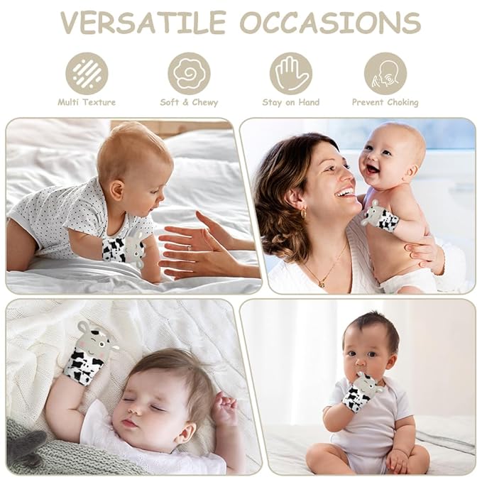 2Pack Silicone Teething Mitt, Cow Baby Teething Toy for 0-6 6-12 Months, Food Grade Silicone Infant Teething Mitten, BPA-Free Baby Chew Toys for Pain Relief, Sucking Needs