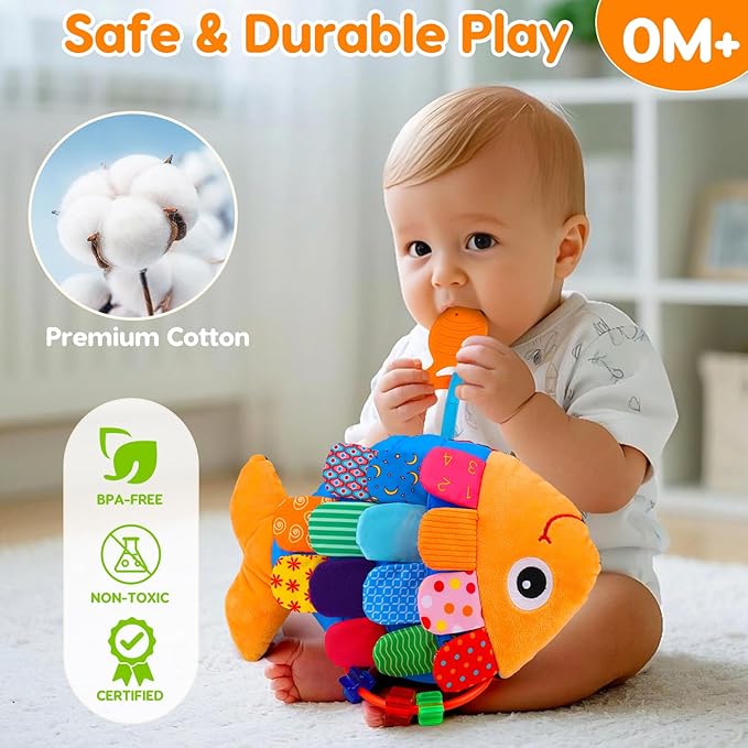 Baby Sensory Tummy Time Toys 0-6 Months Music Fish Toy for Newborn 3 4 5 6 Month Old Black and White High Contrast Infant Toys with Mirror Crinkle Rattle for 3-6 6-12 Months Baby Boy Girl Shower Gifts
