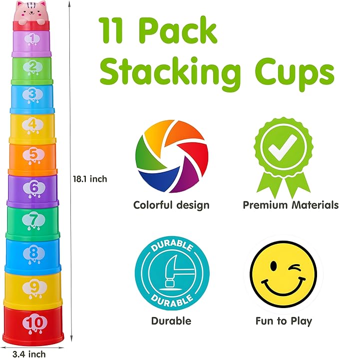 Stacking Cups Baby Toy Set, Nesting Stacking Toys for Toddlers 1-3 Montessori Toys for 1 Year Old Babies 6-12-18 Month Stackable Number Blocks Infant Sensory Bath Easter Basket Stuffers Gifts