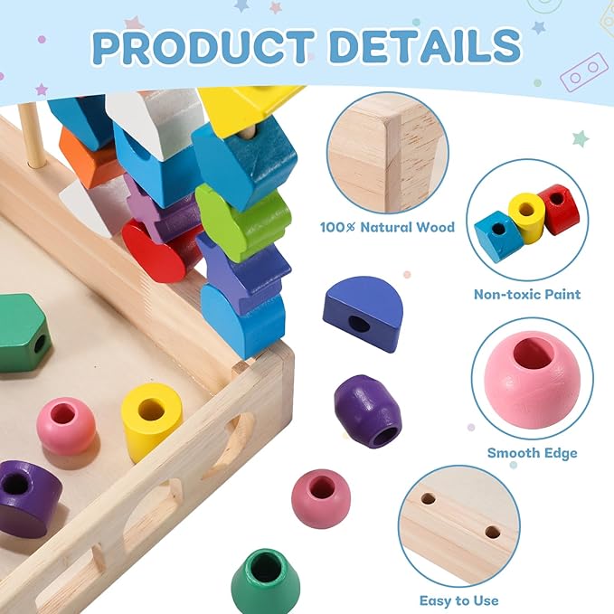 3 in 1 Montessori Wooden Beads Sequencing Toy Set Color Sorting Stacking Geometric Shape Matching Game Beads Sequencing Toy Lacing Beads Stem Fine Motor Skills for Toddlers
