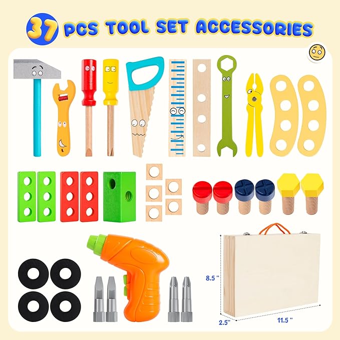 Kids Tool Set with Drill, Montessori Toys for 3 4 5 6 Years Boys Girls, Toddler Stocking Stuffers, Kids Christmas Toys, 37 Pcs Wooden STEM Construction Learning Pretend Play Games