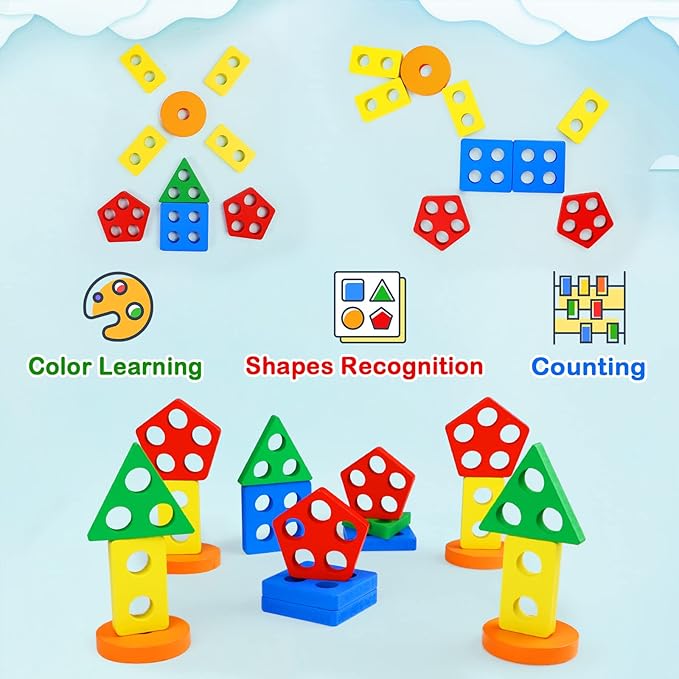 PEBIRA Montessori Toys for 1 to 3-Year-Old Boys Girls Toddlers, Wooden Sorting & Stacking Toys for Toddlers and Kids Preschool, Educational Color Recognition Shape Sorter, Learning Puzzles Gift