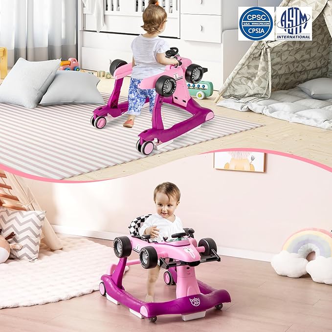 BABY JOY 4-in-1 Baby Walker, Foldable Activity Walker with Adjustable Height & Speed, Music, Lights, Anti-Rollover, Toddler Push Walker, Baby Walker with Wheels for Boys Girls 6-18 Months (Purple)