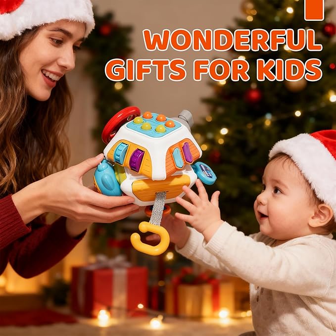 10-in-1 Montessori Busy Board for 1 Year Old - Toddler Toys 1-2 Years with Car Steering Wheel & Keys, Car Travel Toys for Toddlers 1-3, Sensory Activity Cube, Birthday Gifts Baby Boys Girls