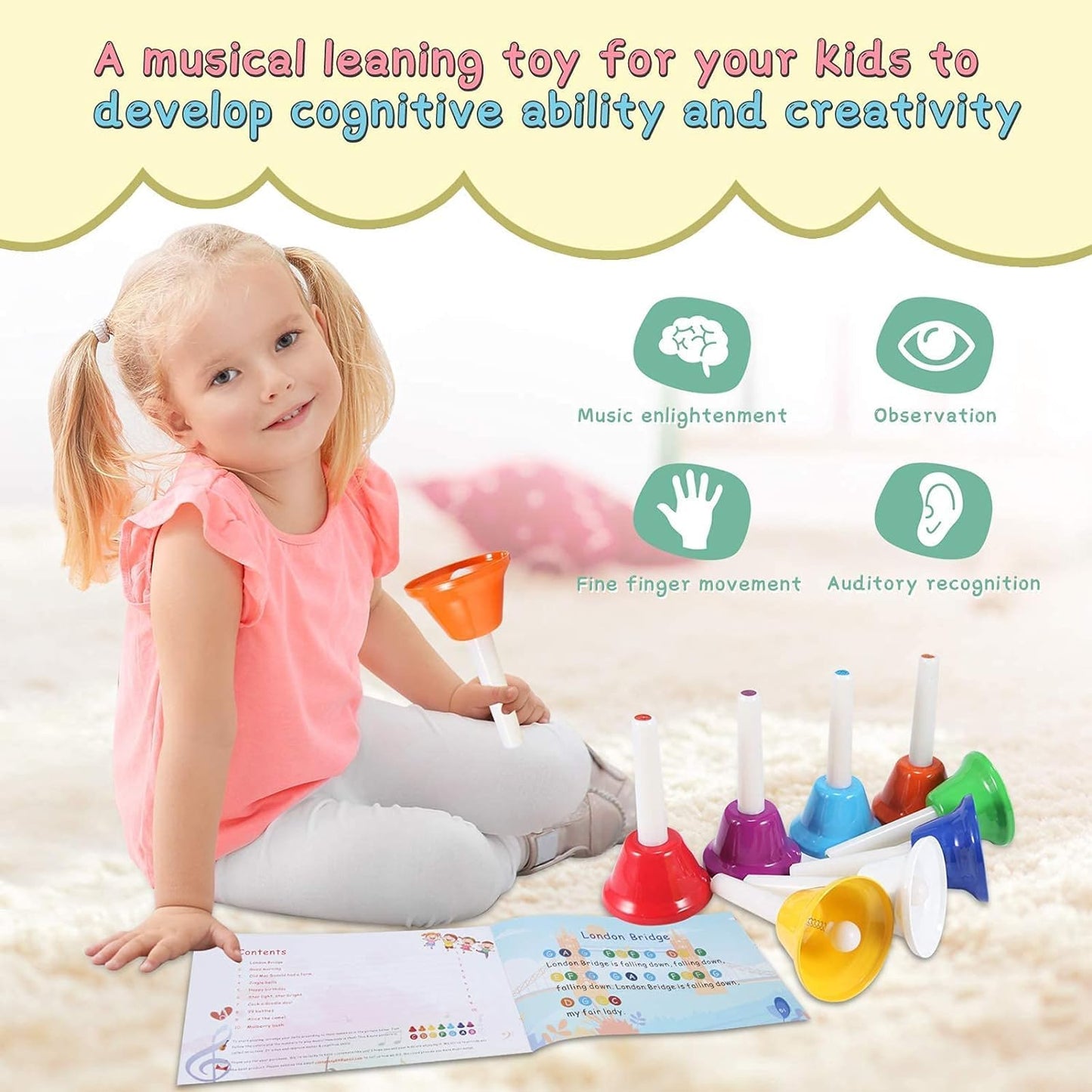 Hand Bells, 8 Note Musical Handbells Set with 17 Songbook Musical Toy Percussion Instrument for Toddlers Children Kids for Children's Day Family Activity School and Church (Multicolored)