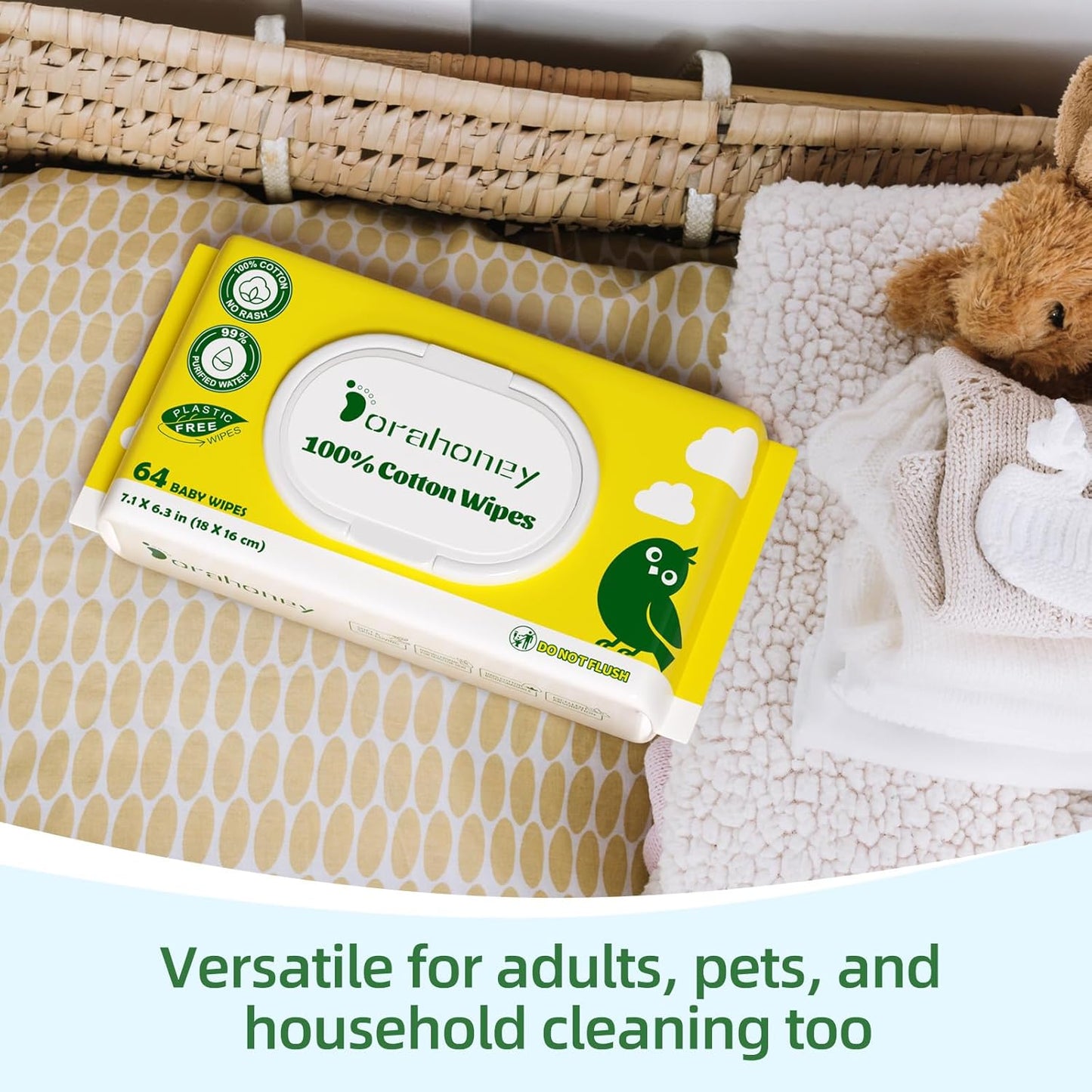 100% USA Cotton Baby Wipes for Sensitive Skin, 99% Purified Water Unscented Wet Wipes, Hypoallergenic & Plastic-Free, 768 Count (12 Flip-Top Packs of 64)