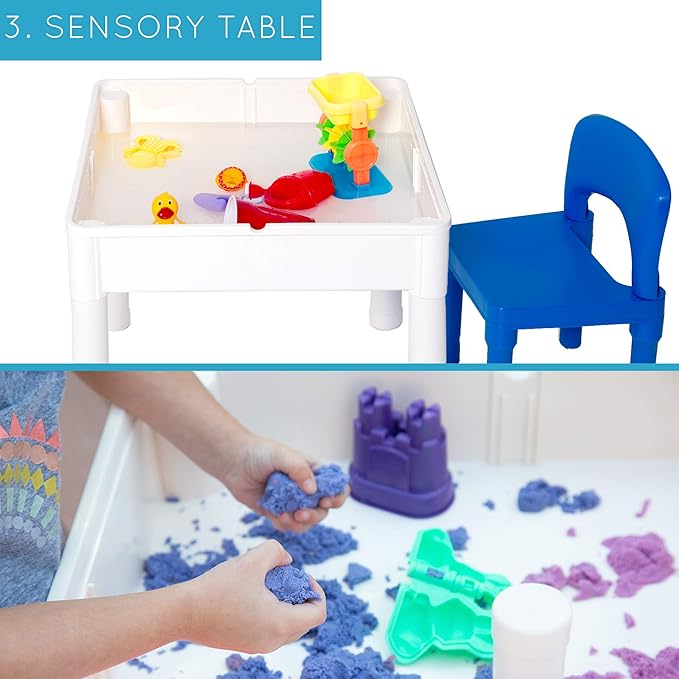 Play Platoon 5 in 1 Kids Activity Table and Chair Set - Building Block, Stem, Craft & Sensory Tables for Toddlers with 2 Chairs & 25 XL Blocks - Blue and Green