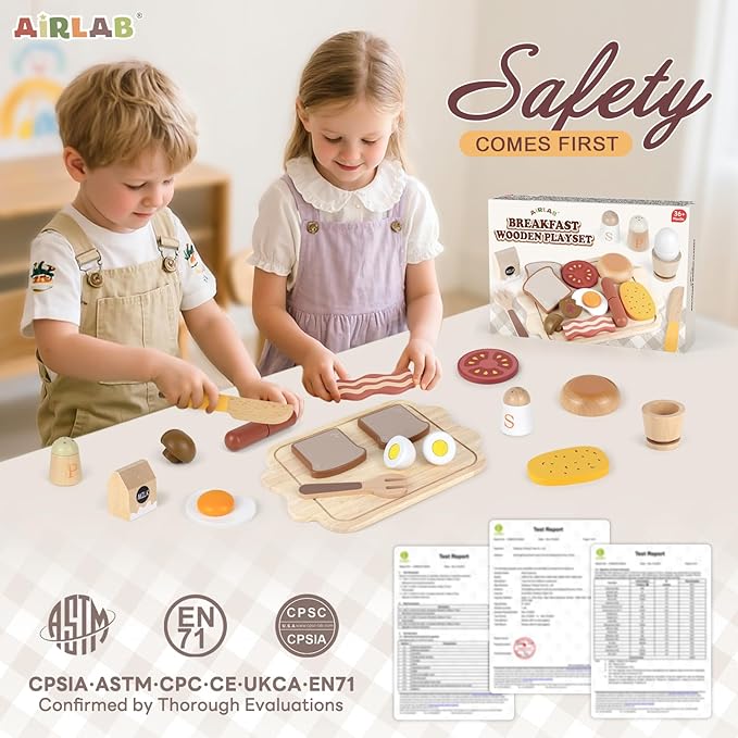 Airlab Toy Food for Toddler 3-5 Pretend Play Kids Kitchen Playset Breakfast Cutting Food Girl Boy Birthday Gift Age 3 4 5 6 Year Old Wood Educational Toys Kitchen Accessories