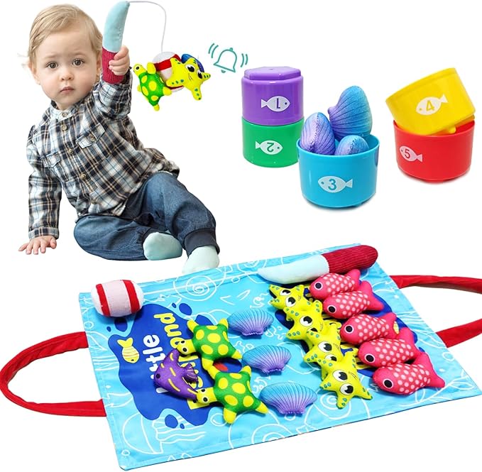 Montessori Toys for 1 Year Old, Cloth Fishing Game Toddler Toys with Stacking Cups, 22 Pcs Sorting Learning Baby Toys 12-18 Months, Birthday Gifts for 1 2 3 Year Old Boys Girls