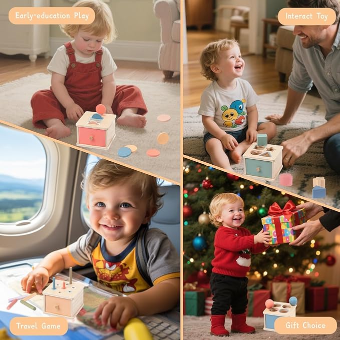 Montessori Toys for 2 3 4 5 Year Old - Wooden Object Permanence Box with Drawer Sensory Toys Shape Sorter Color Sorting Education for Baby Toddler Boy Girl Drop Busy Box (A-pegs)