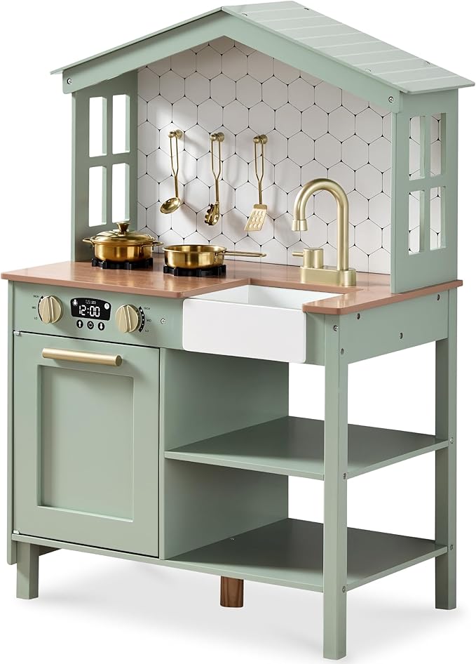 Best Choice Products Pretend Play Wooden Farmhouse Kitchen Set for Kids w/Toy Storage, Clicking Knobs, Windows, 5 Accessories Included - Sage