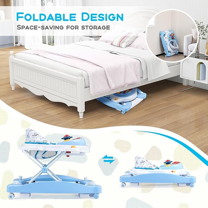 BABY JOY 6-in-1 Baby Walker, Foldable Baby Walker with Wheels, Adjustable Height, Music, Lights, Bouncer & Rocker Mode, Baby Walkers for Boys Girls 6-14 Months (Blue)