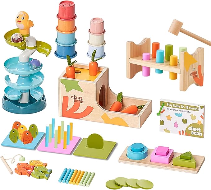 Giant bean 8-in-1 Wooden Montessori Toys Set Learning Toys for Baby 12-18 Month with Object Permanence Box, Senser Ball Roll Tower, Hammer, Fishing Carrot, Shape Sorting Stacking Cup for Kids 1+