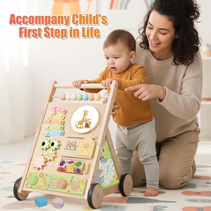 Wooden Baby Walker with Wheels Push Walker for Babies 6-12 Months Toddlers Montessori Walking Toys for 1 Year Old Learning to Walk Activity Center for 12-18 Months Boys Girls Gifts Color Sorting Toys