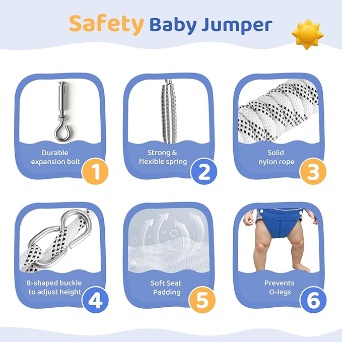 Slevoo Baby Jumper, with Ceiling Hook, Space Saving Jumper for Baby 6-12 Months, Infant Jumper for Small Spaces, Blue
