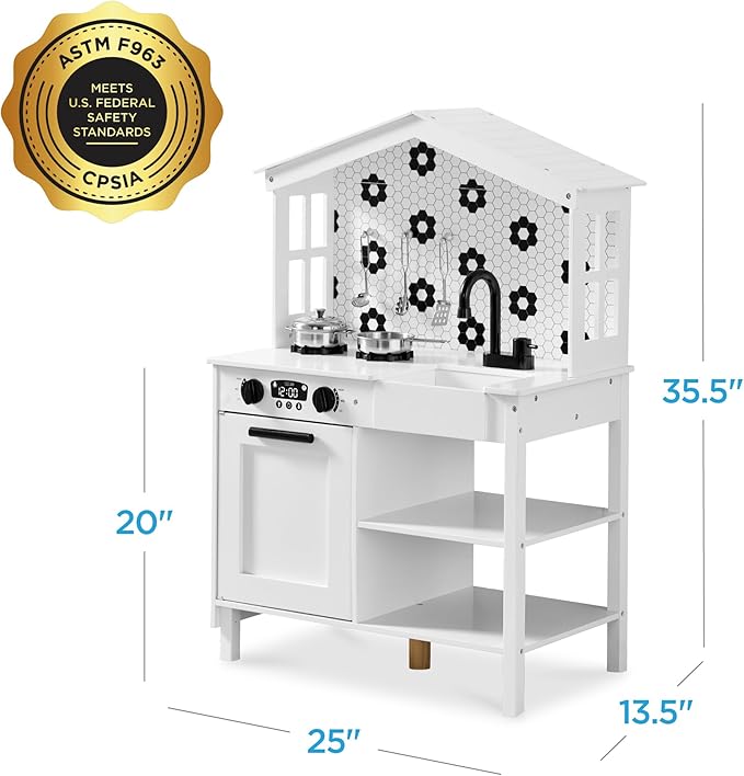Best Choice Products Pretend Play Wooden Farmhouse Kitchen Set for Kids w/Toy Storage, Clicking Knobs, Windows, 5 Accessories Included - White/Black