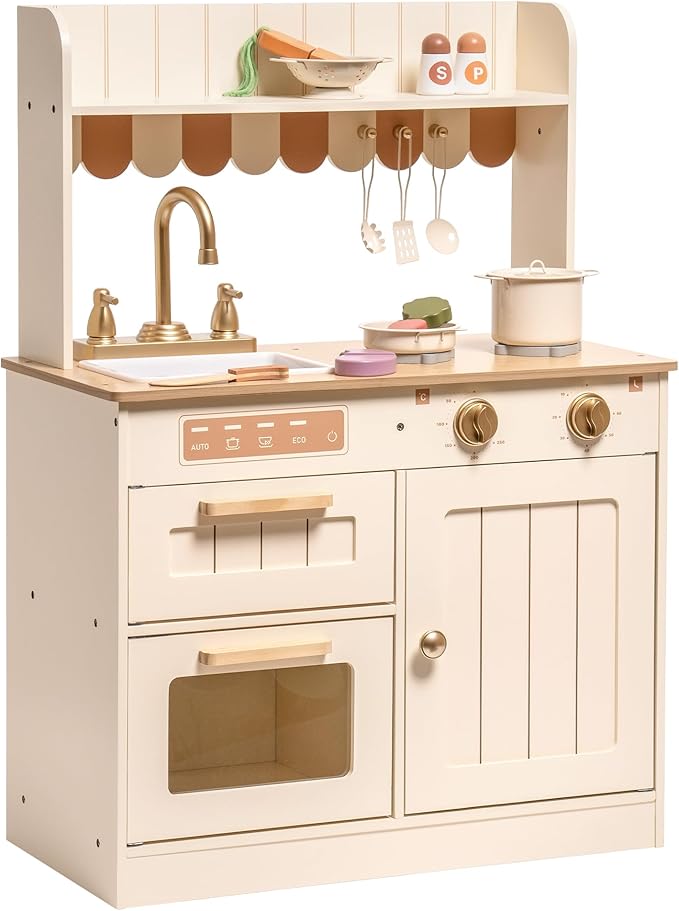 ROBOTIME Play Kitchen for Kids Toddlers, Wooden Pretend Play Kitchen Set Toy with Cutting Food Set, Toys Kitchen Gift for 3+ Year Old Kids, Girls & Boys