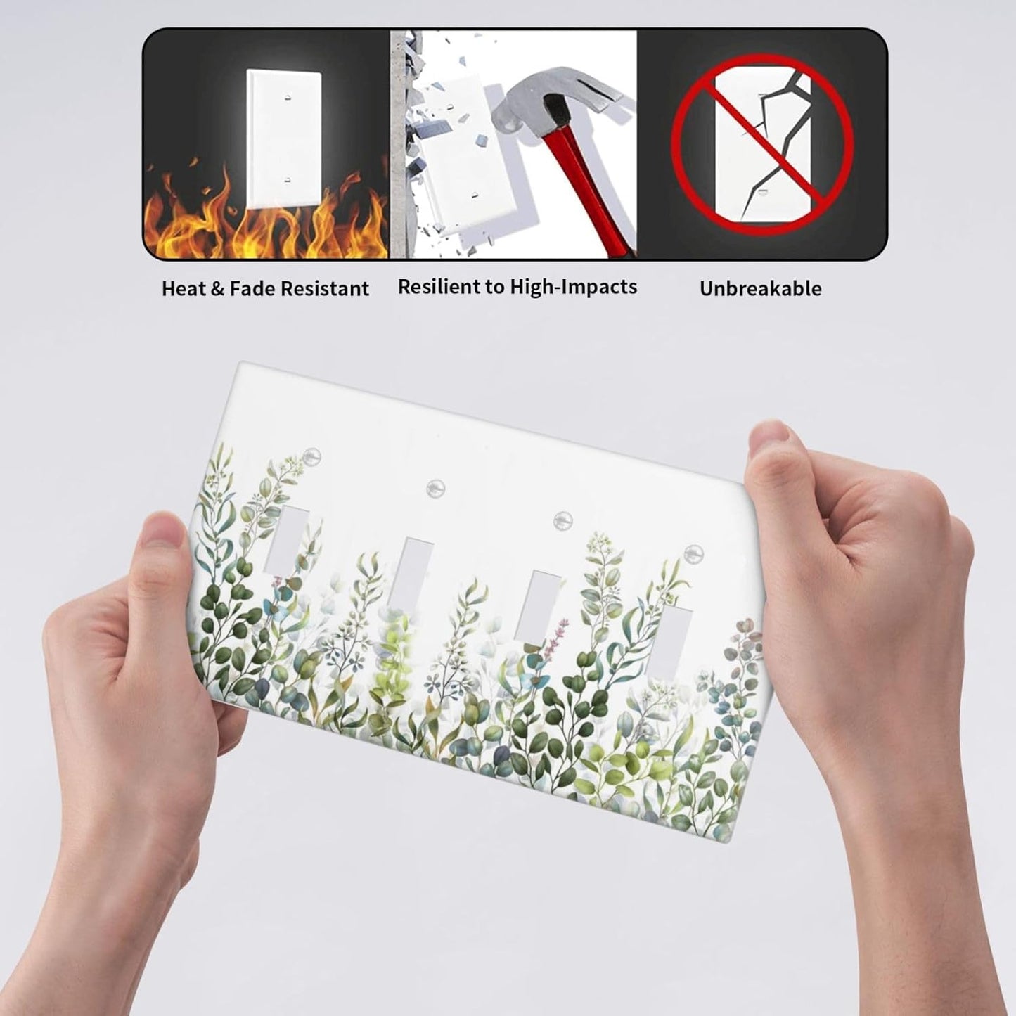 Green Eucalyptus Leaf Plant Herbs Springnature Light Switch Covers Quad Toggle Electrical Faceplate 4 Gang Wall Plate Decorative Switch Plates for Bed Room Living Room Decor