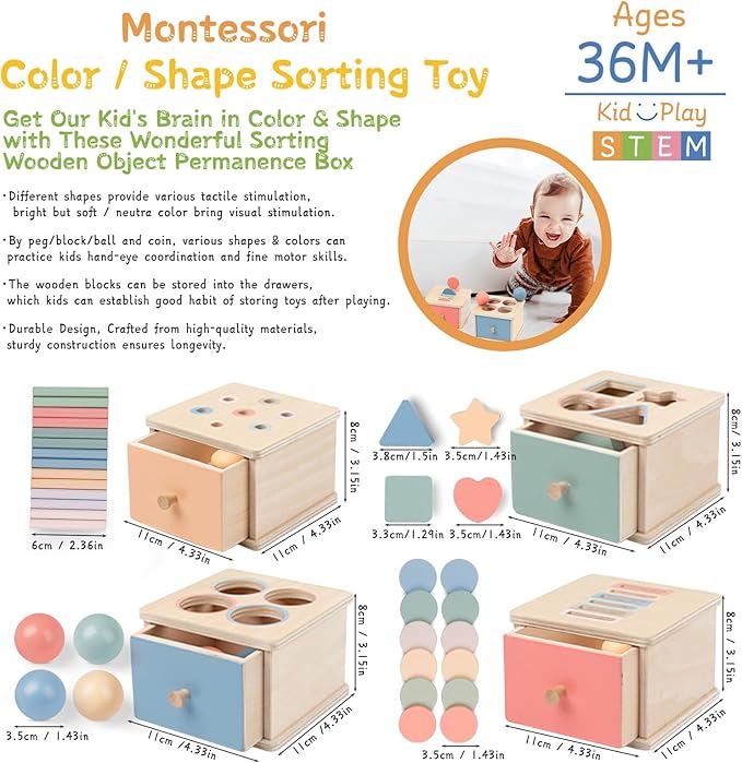 Montessori Toys for 2 3 4 5 Year Old - Wooden Object Permanence Box with Drawer Sensory Toys Shape Sorter Color Sorting Education for Baby Toddler Boy Girl Drop Busy Box (D-Coins)