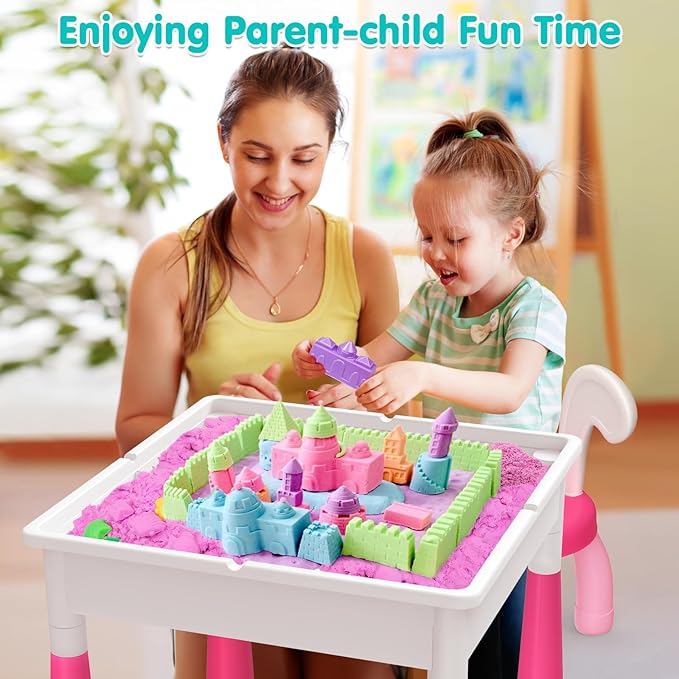 arscniek Toddlers Activity Table 7 in 1 Kids Activity Tables and Chairs Set with 152Pcs Large Marble Run Building Blocks, Sand/Water Tables, Kids Learning Play Table Toys for Girls Boys Toddler Pink