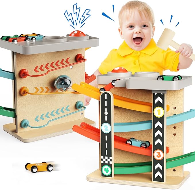 2-in-1 Pound Ball Toddler Toy Wooden Car Ramp Race Track Ball Drop Baby Toy Set Gift for 1 2 3 Year Old Boys Girls Montessori Developmental Learning Activity Interactive Cause Effect Birthday Present